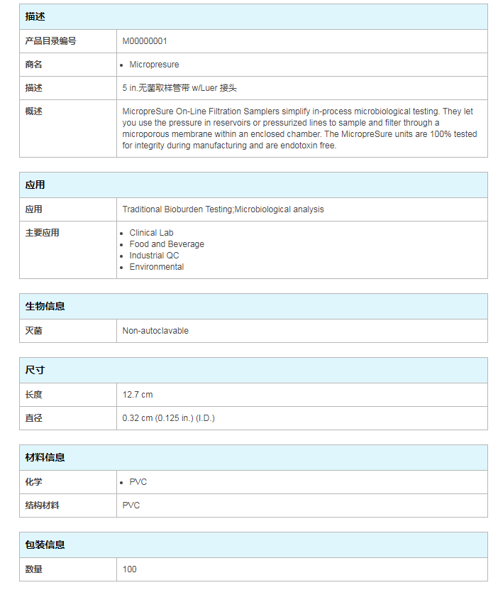 默克密理博取样管5in带W/Luer接头M00000001